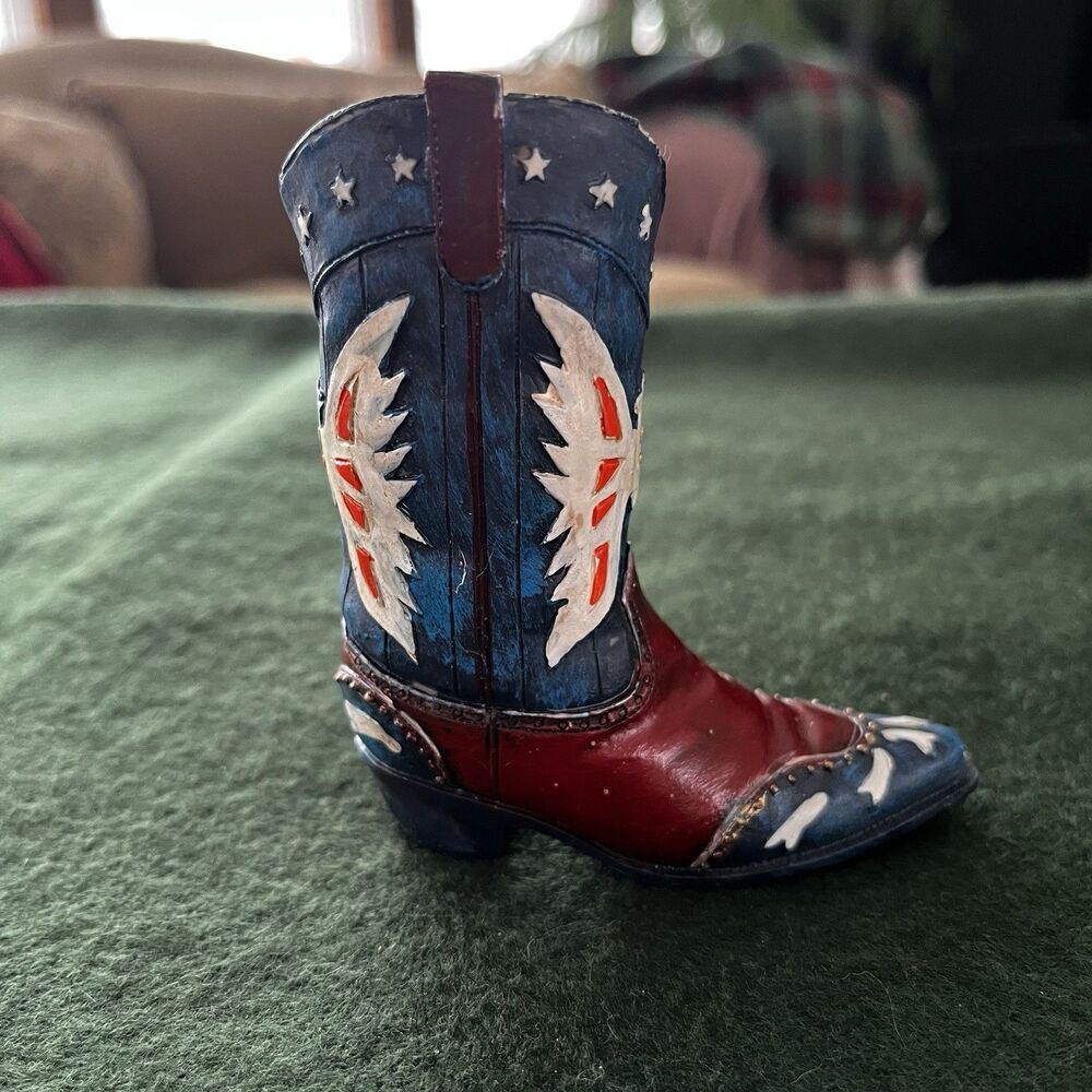 Western Flag Inspired Boot Design Eagle Stars Red White & Blue Figurine
